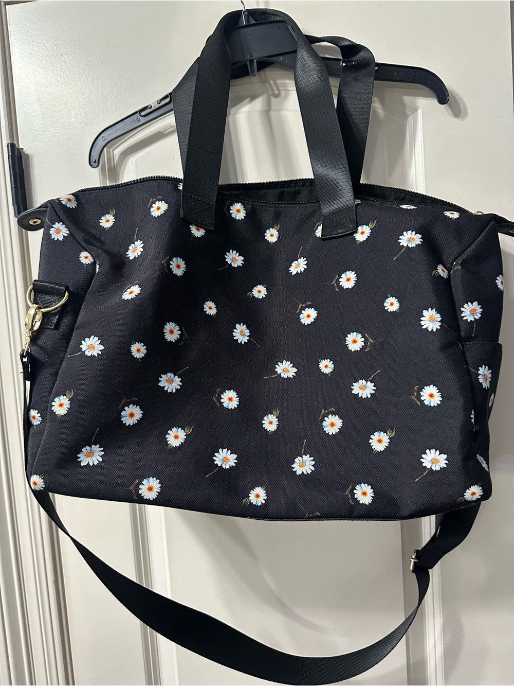 Black Daisy Print Tote Bag with Shoulder Strap